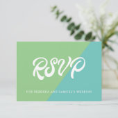 Groen en Blauw Kleurenblok Retro bruiloft RSVP Kaartje (Staand voorkant)