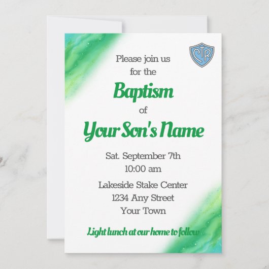 Groen en Blauw LDS Doopuitnodiging Save The Date (Voorkant)