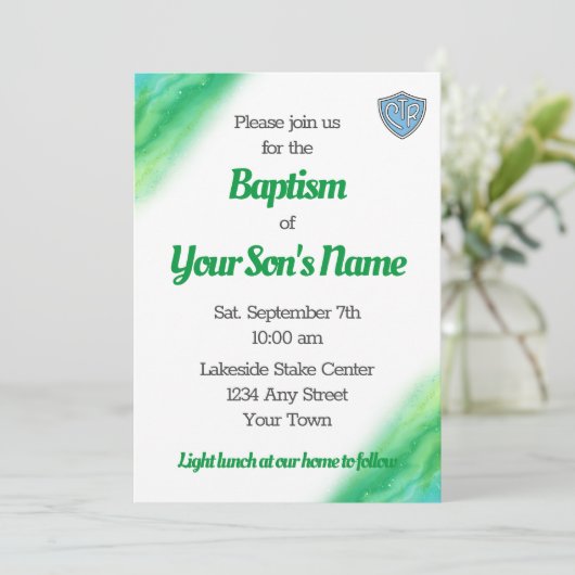 Groen en Blauw LDS Doopuitnodiging Save The Date (Staand voorkant)
