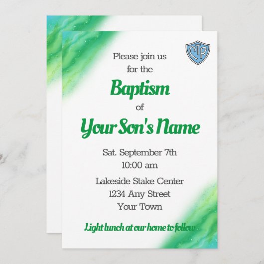Groen en Blauw LDS Doopuitnodiging Save The Date (Voorkant / Achterkant)