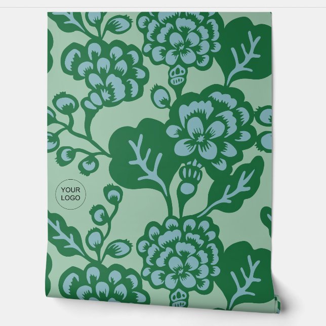 Groen en Blauw Levendig en Vet Bloempatroon Behang (Afrollen)