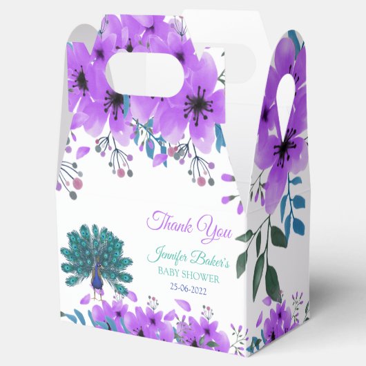 Groen en Blauw Peacock | Paarse Waterverf bloemen Bedankdoosjes (Geopend)
