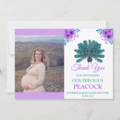 Groen en Blauw Peacock | Paarse Waterverf bloemen Bedankkaart (Voorkant)