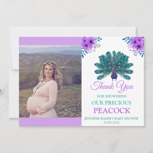 Groen en Blauw Peacock | Paarse Waterverf bloemen Bedankkaart (Voorkant)