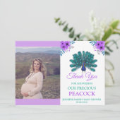 Groen en Blauw Peacock | Paarse Waterverf bloemen Bedankkaart (Staand voorkant)