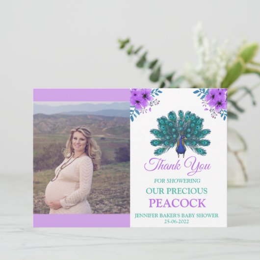 Groen en Blauw Peacock | Paarse Waterverf bloemen Bedankkaart (Staand voorkant)