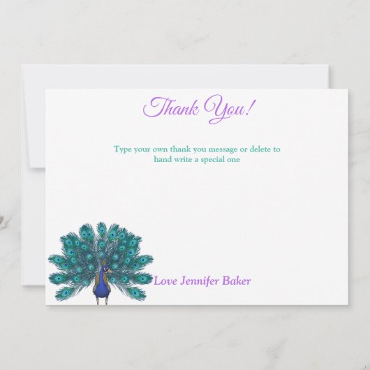 Groen en Blauw Peacock | Paarse Waterverf bloemen Bedankkaart (Achterkant)