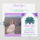 Groen en Blauw Peacock | Paarse Waterverf bloemen Bedankkaart (Voorkant / Achterkant)