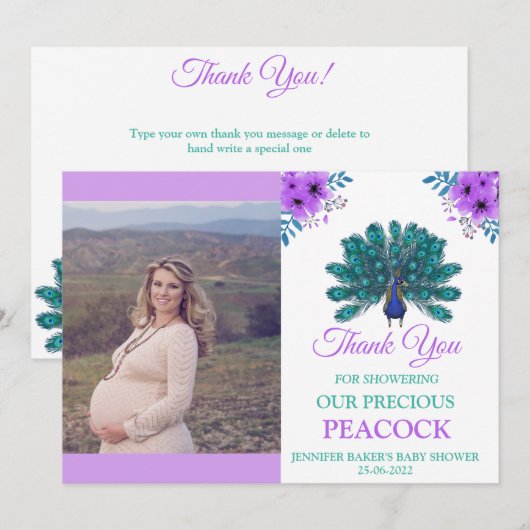 Groen en Blauw Peacock | Paarse Waterverf bloemen Bedankkaart (Voorkant / Achterkant)