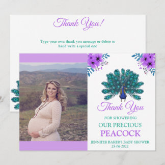 Groen en Blauw Peacock | Paarse Waterverf bloemen Bedankkaart