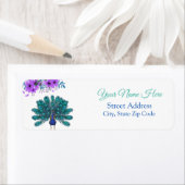 Groen en Blauw Peacock | Paarse Waterverf bloemen Etiket (Insitu)