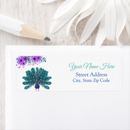 Groen en Blauw Peacock | Paarse Waterverf bloemen Etiket (Insitu)