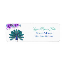 Groen en Blauw Peacock | Paarse Waterverf bloemen Etiket