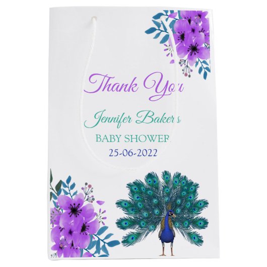 Groen en Blauw Peacock | Paarse Waterverf bloemen Medium Cadeauzakje (Voorkant)