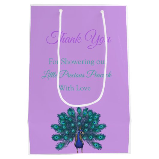 Groen en Blauw Peacock | Paarse Waterverf bloemen Medium Cadeauzakje (Achterkant)