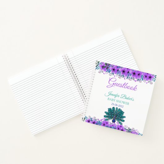 Groen en Blauw Peacock | Paarse Waterverf bloemen Notitieboek (Binnen)