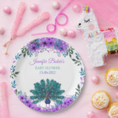 Groen en Blauw Peacock | Paarse Waterverf bloemen Papieren Bordje (Feest)