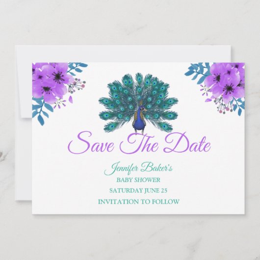 Groen en Blauw Peacock | Paarse Waterverf bloemen Save The Date (Voorkant)