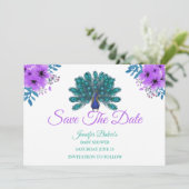 Groen en Blauw Peacock | Paarse Waterverf bloemen Save The Date (Staand voorkant)