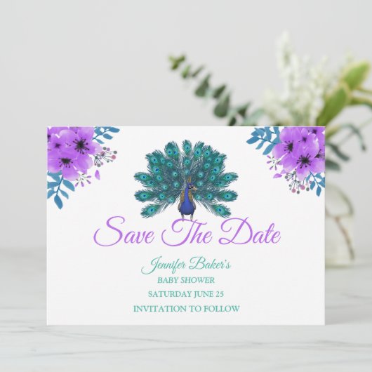 Groen en Blauw Peacock | Paarse Waterverf bloemen Save The Date (Staand voorkant)