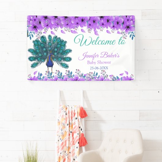 Groen en Blauw Peacock | Paarse Waterverf bloemen Spandoek (Insitu)