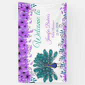 Groen en Blauw Peacock | Paarse Waterverf bloemen Spandoek (Verticaal)