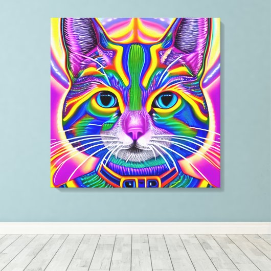 Groen en Blauw Unieke Mystieke Kitty Kat Canvas Afdruk (Insitu (Houten vloer))