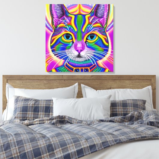 Groen en Blauw Unieke Mystieke Kitty Kat Canvas Afdruk (Insitu (Slaapkamer))