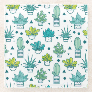 Groen en blauw Waterverf Succulent Patroon Glazen Onderzetter