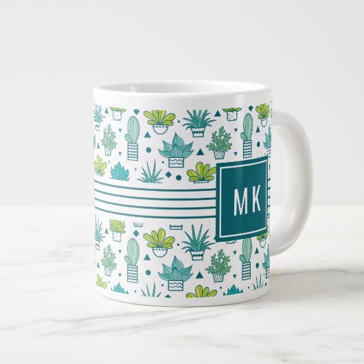 Groen en blauw Waterverf Succulent Patroon Grote Koffiekop (Voorkant rechts)