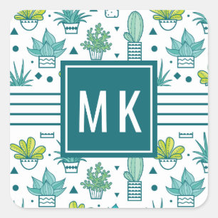 Groen en blauw Waterverf Succulent Patroon Vierkante Sticker