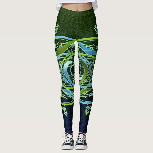 Groen en Blauw wervelingen Leggings (Voorkant)