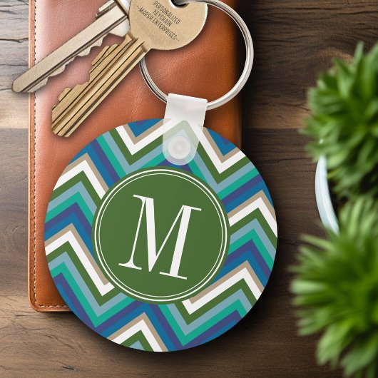Groen en Blauwgroen Chevron Patroon met Monogram Sleutelhanger