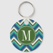 Groen en Blauwgroen Chevron Patroon met Monogram Sleutelhanger (Voorkant)