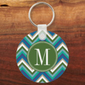 Groen en Blauwgroen Chevron Patroon met Monogram Sleutelhanger (Voorkant)
