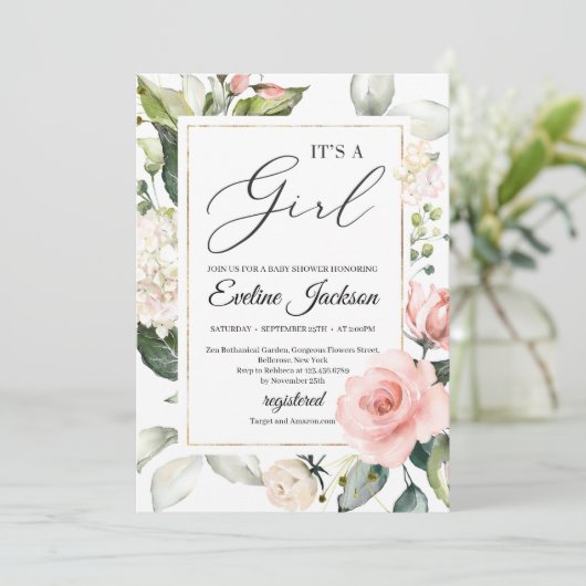 Groen en blos blozend lijst goud het is een meisje kaart (Staand voorkant)