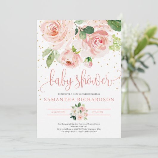 Groen en BLush Roze Bloemen baby shower Invite Kaart (Staand voorkant)