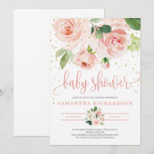 Groen en BLush Roze Bloemen baby shower Invite Kaart (Voorkant / Achterkant)