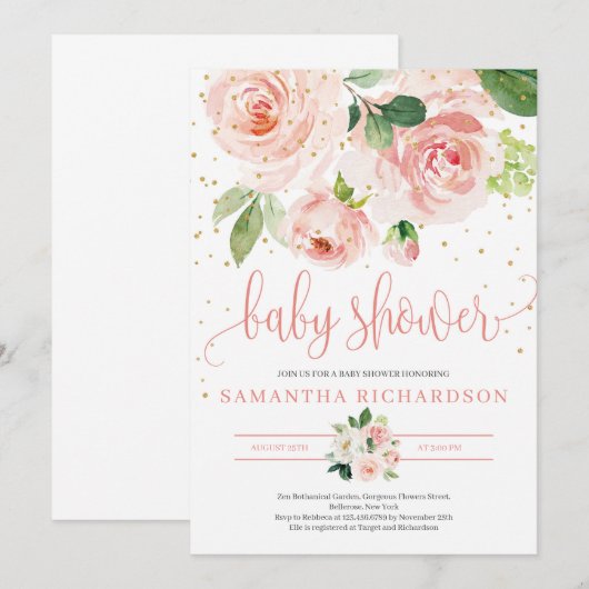 Groen en BLush Roze Bloemen baby shower Invite Kaart (Voorkant / Achterkant)