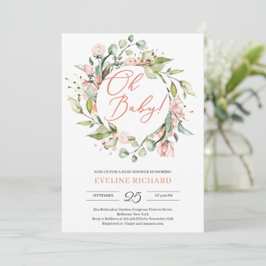 Groen en blush roze bloemenkrans Oh baby Kaart (Staand voorkant)