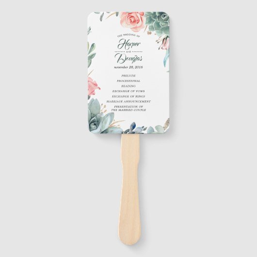 Groen en Blush Roze Roze Bruiloft Programma Handwaaier (Voorkant)