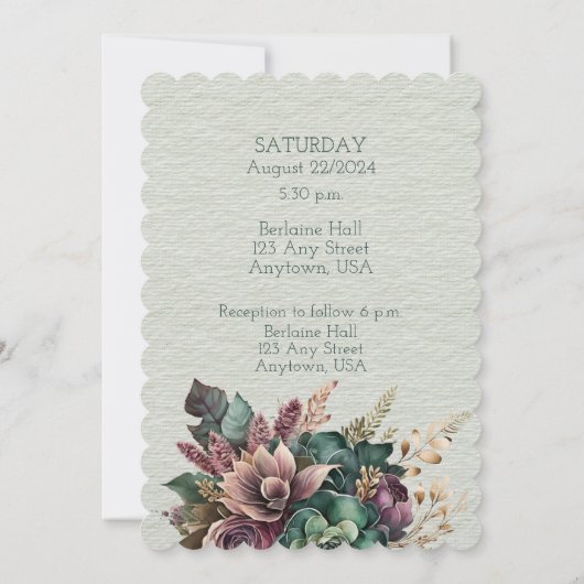 Groen en Bourgogne Bloemen Bruiloft Boeket Kaart (Achterkant)