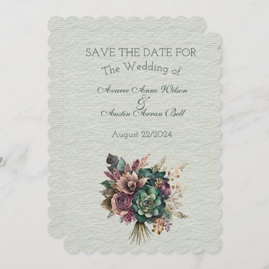 Groen en Bourgogne Bloemen Bruiloft Boeket Save The Date (Voorkant / Achterkant)