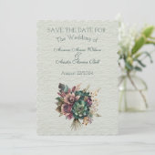 Groen en Bourgogne Bloemen Bruiloft Boeket Save The Date (Staand voorkant)