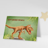 Groen en bruin T-Rex Roaring Happy Birthday Kaart