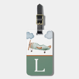 Groen en bruin vliegtuig Kleurblok Kind Initiaal Bagagelabel