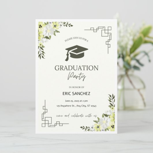 Groen en Crème Bloemen Afstuderen Invitation! Kaart (Staand voorkant)