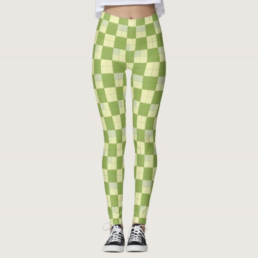 Groen en Crème Geruit Tegel Patroon Leggings (Voorkant)