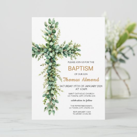 Groen en Eucalyptus Jongens Gouden Doopuitnodiging Kaart (Staand voorkant)