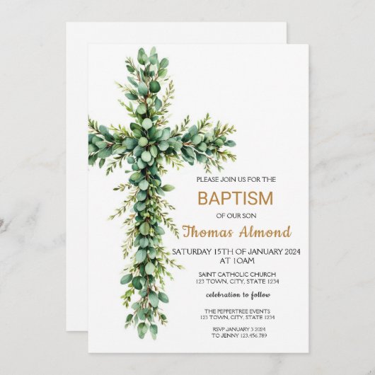 Groen en Eucalyptus Jongens Gouden Doopuitnodiging Kaart (Voorkant / Achterkant)